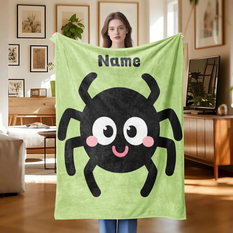 Custom name cute spider fleece blanket, suitable for sofa, bed, Halloween, birthday, children's gifts.