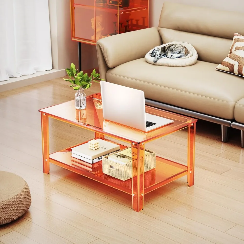 Rectangular Orange Acrylic Coffee Table with Storage Shelf for Living Room, Ideal for Small Spaces