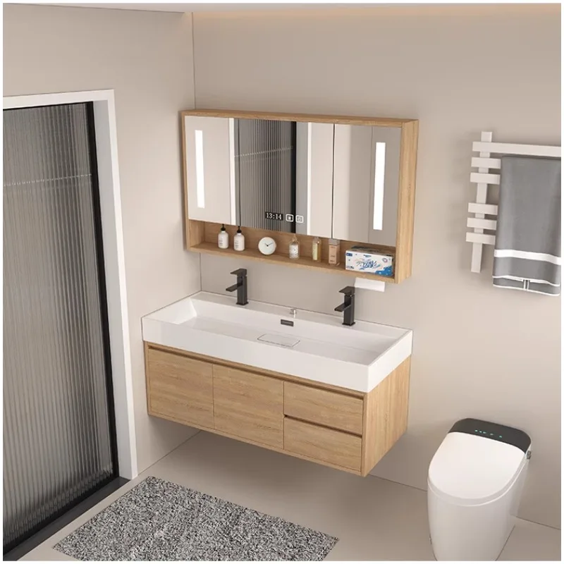 Rock Integrated Basin Natural Wood Bathroom Cabinet Combination Bathroom Washbasin Double Faucet Armadietto Furniture YX50BC