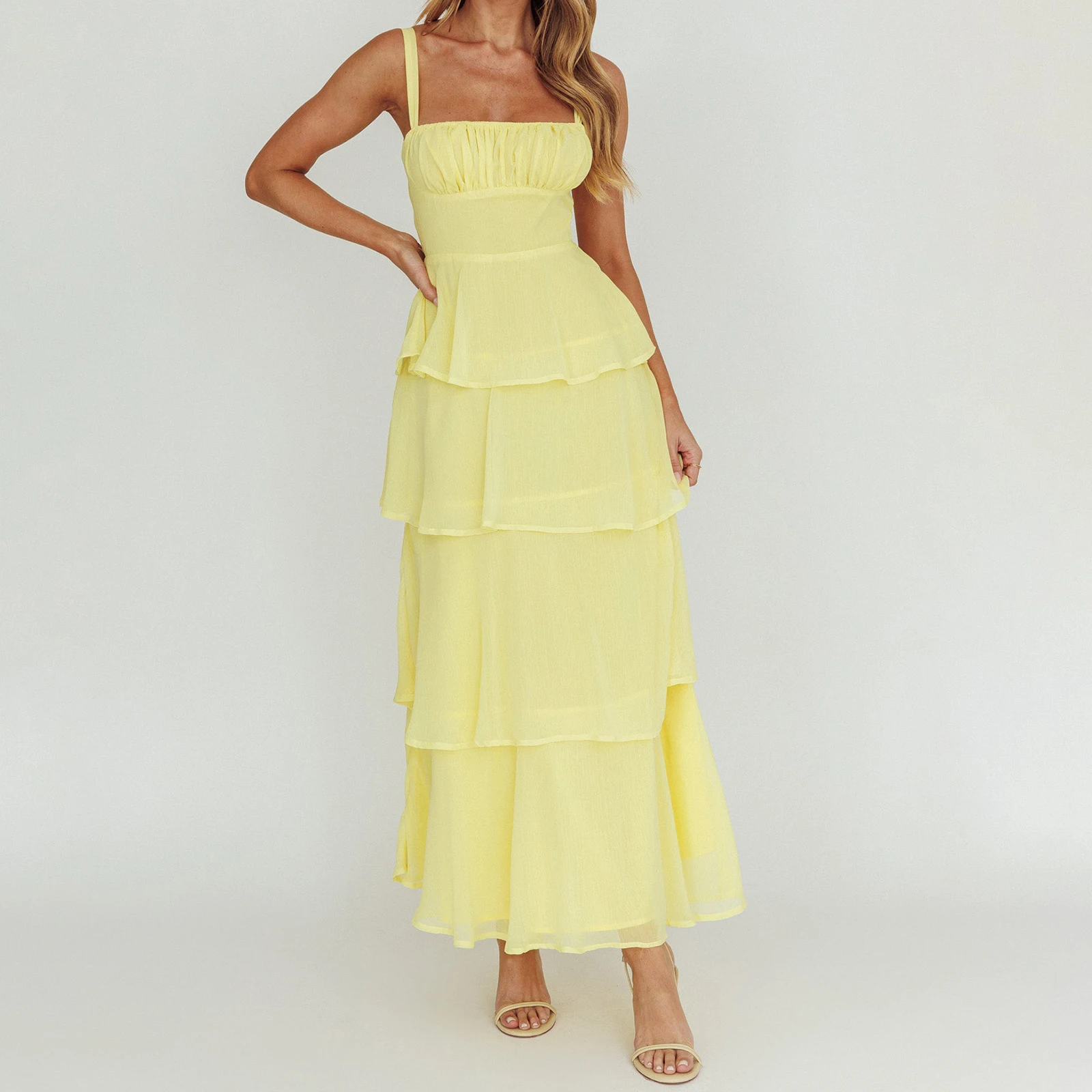 Abito estivo da donna elegante a strati lungo Cami tinta unita senza maniche con cinturino per spaghetti busto smock abito da torta sottile