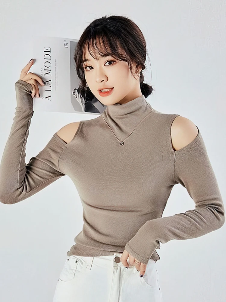 Dolcevita coreano autunno inverno top basic donna sexy spalle scoperte manica lunga in pile spesso maglietta moda nera magliette da donna