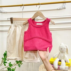 Summer Girls' Clothing Set Korean Knitted Tank Top Fashionable Children's Casual Sleeveless Top Wide Leg Pants Set
