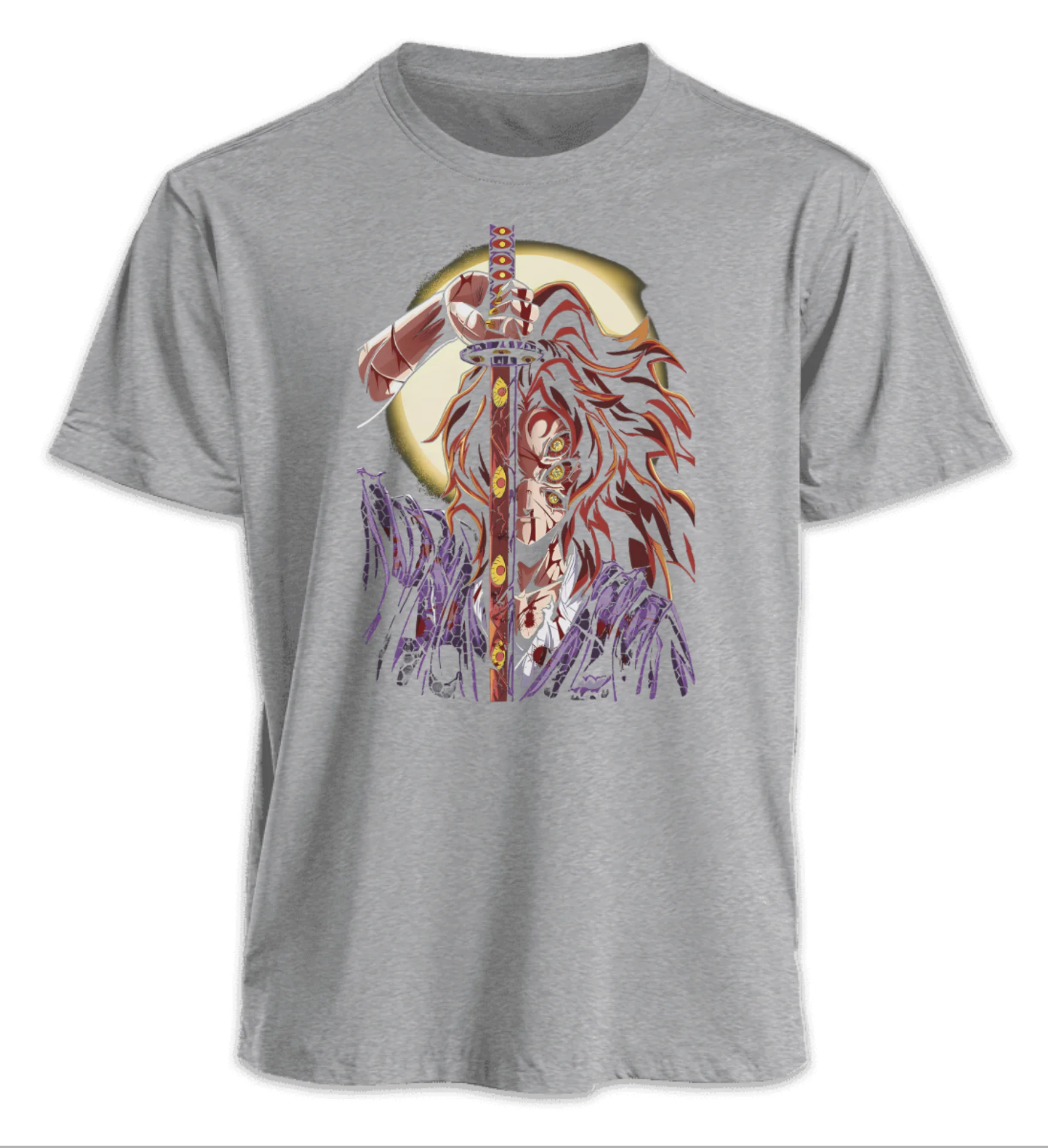 T-shirt anime Demon Slayer Rengoku Kyojuro con pelo rosso ardente e spada Katana, maglietta in cotone con scena di battaglia al chiaro di luna per i fan