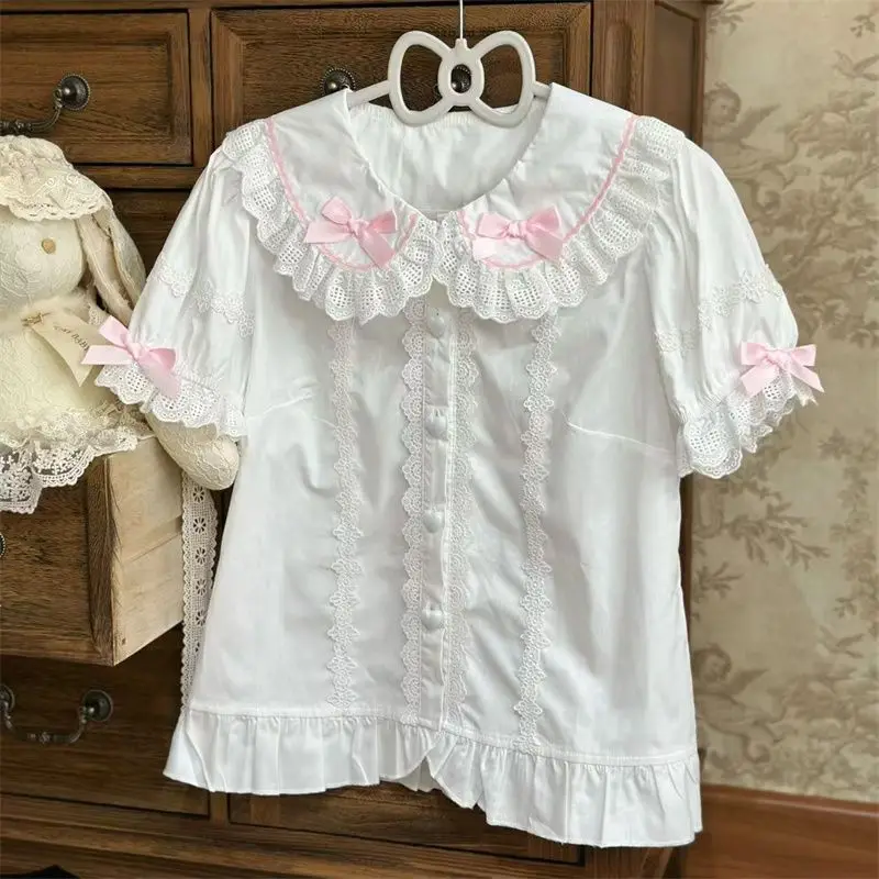 Japanese Sweet Lolita Blouse Women White Short Sleeve Ruffle Black Bow Casual Top Retro Kawaii Subculture Afternoon Tea Outfit view 3