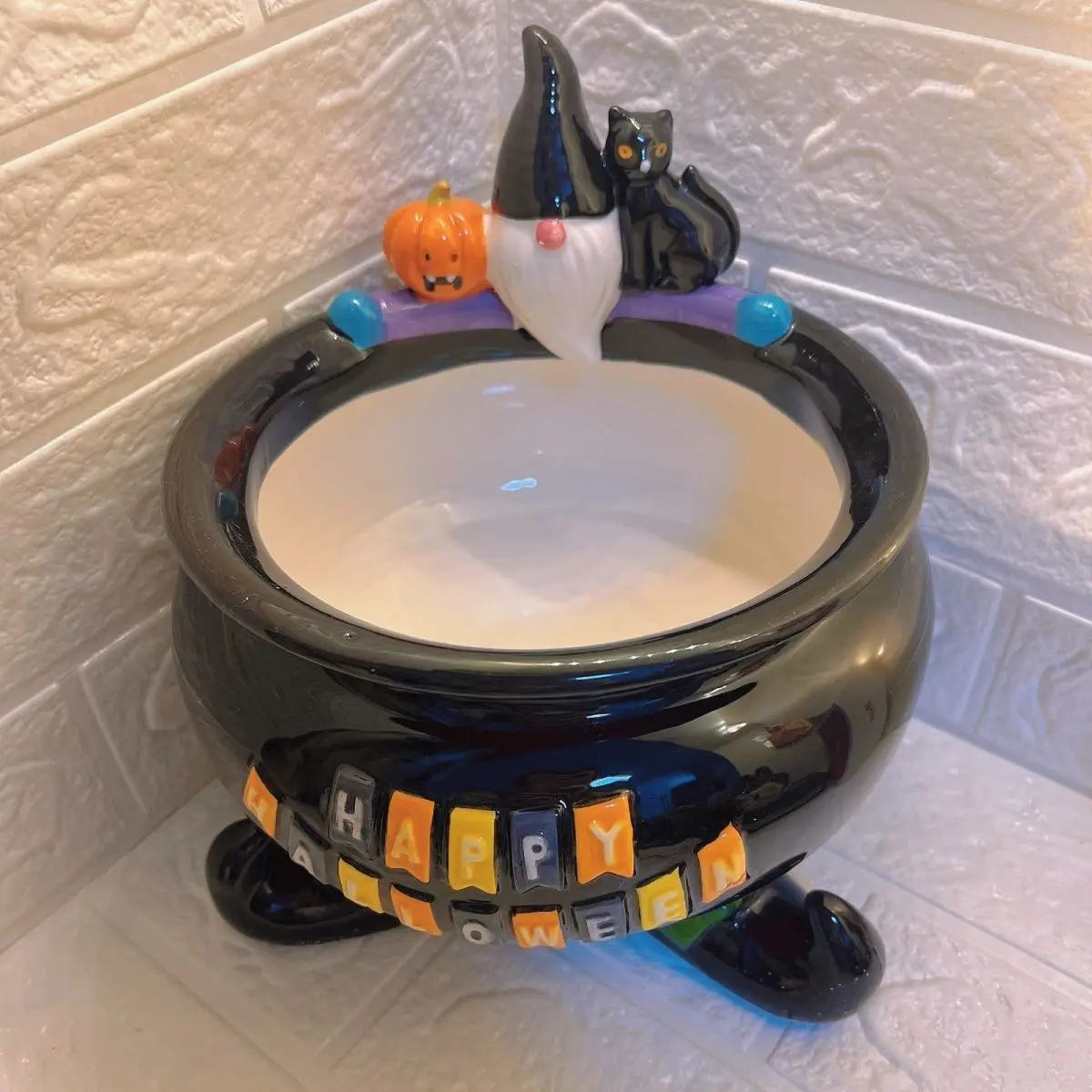 

Porcelain Crafts Black Cat Elf Pumpkin Ceramic Halloween Storage Pot Tea Table Storage Pot High Foot Pot