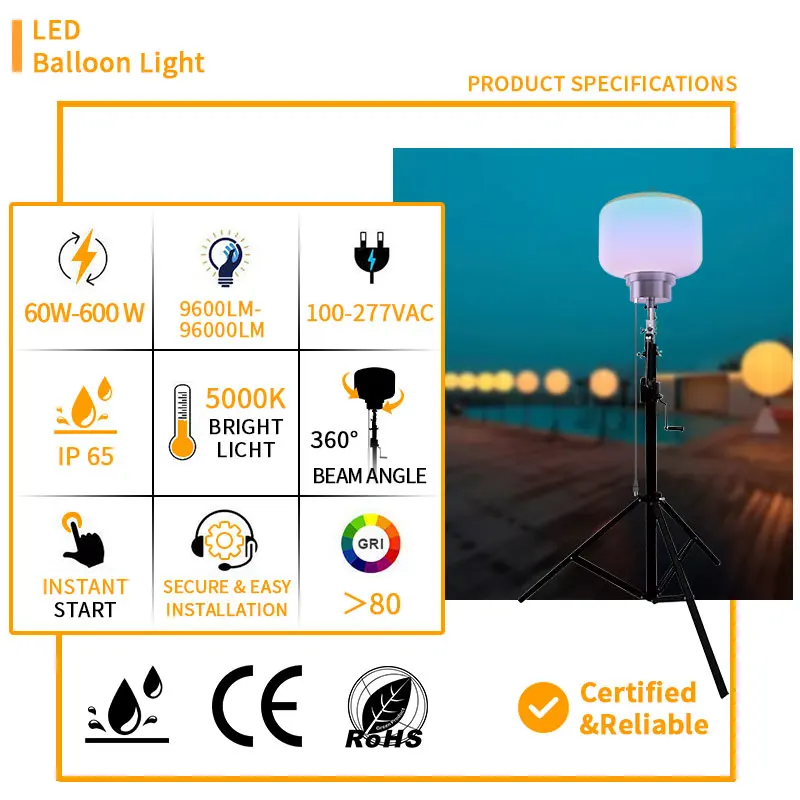 600W Inflatable Retractable Camping Waterproof Emergency Light Emitting Diode Construction Engineering Solar Portable