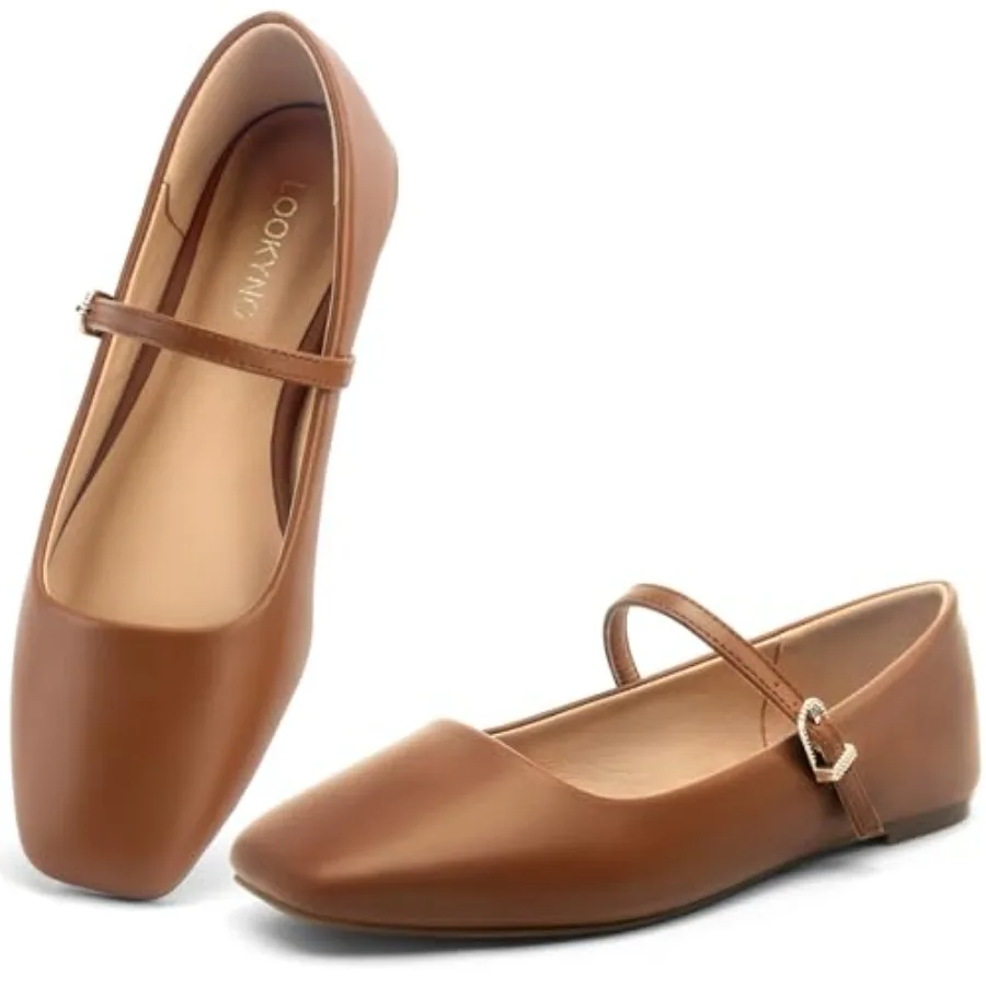 

Womens Ballet Mary Jane Flats Shoes Adjustable Strap Square Closed Toe Chic Footwear with Latex Insole