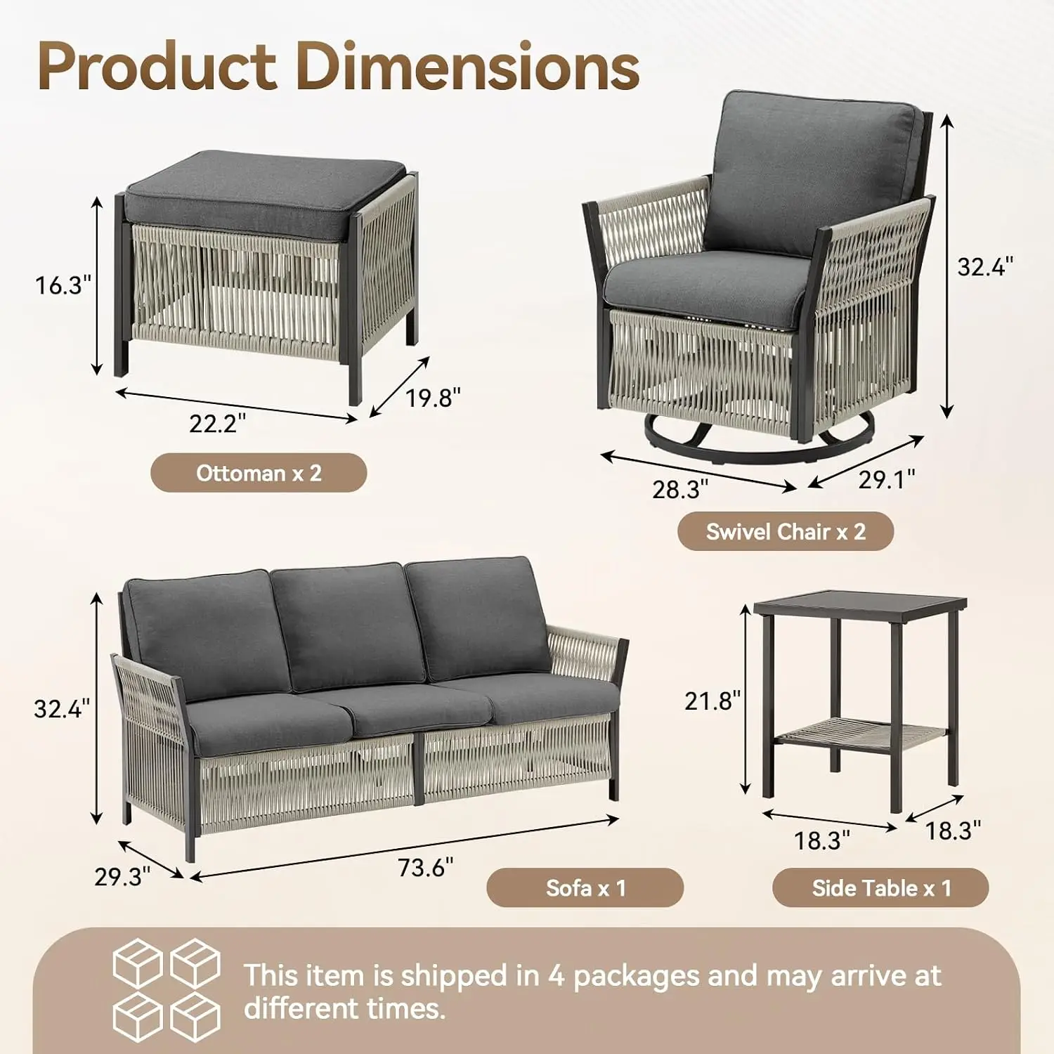 Patio Furniture Set Outdoor/Indoor, Wicker Patio Sofa, 6pcs Furniture Set with Swivel Rocker Chairs, Side Table,, Customized
