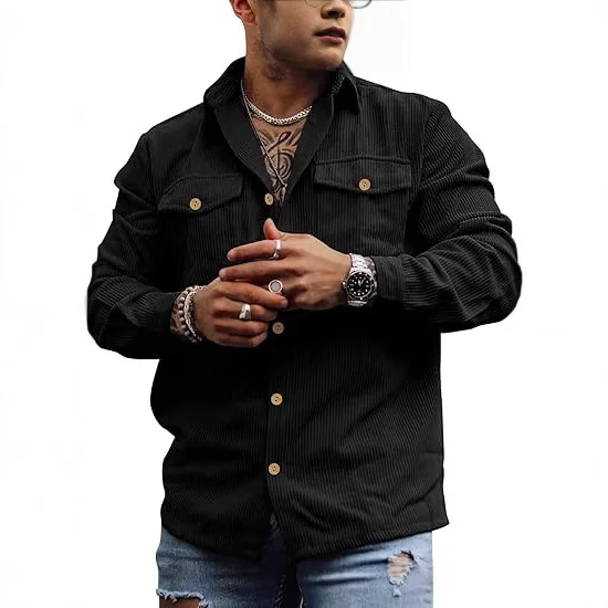 Pop Men Corduroy Button Jacket Long Sleeved Striped Casual Retro Double Pocket Work Top Shirt