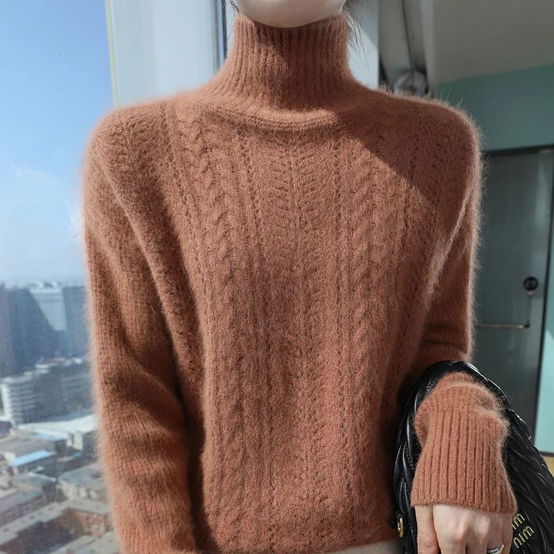 Autumn Winter 100% Mink Cashmere Women's Sweater Turtleneck Thickened Pullover Slim Fit Knit Sweater Fashion Hollow Out Shirt