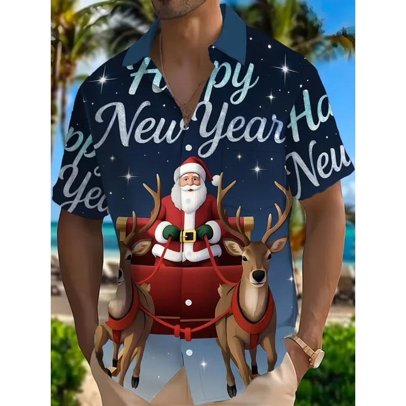 2027 Red Reindeer Christmas Hawaiian Shirt with Pine Tree Snow Prints Mens Short Sleeve Button Up Shirts Festive Holiday Days