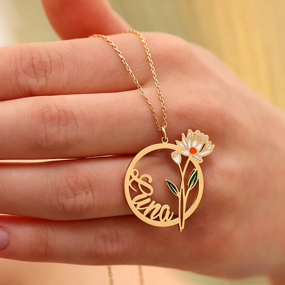 Custom Birth Month Flower Name Necklaces For Women Stainless Steel Customized Necklace Pendant Personalized Neck Chain Jewelry