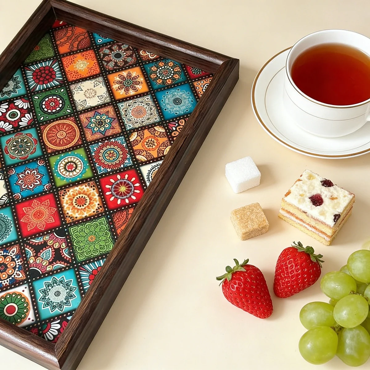 Boho Wooden Tray Rustic Handmade Decorative Serving Storage Tray for Coffee Table Living Room Bedroom Kitchen Home Decor