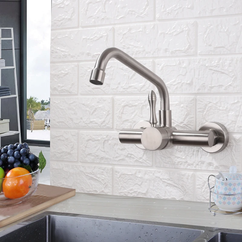 

Double Hole Kitchen Sink Faucet Wall Mounted Rotatable 360° Vessel Sink Faucet Modern Single Handle Hot and Cold Mixer Tap
