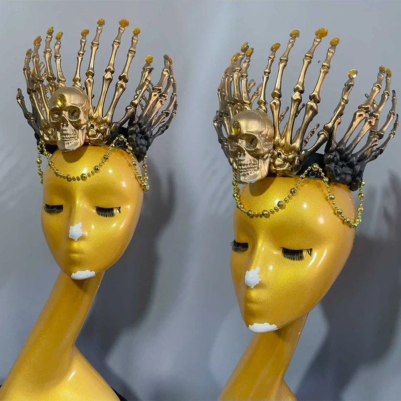 Kostium na Halloween Złota Korona Czaszka Nakrycie Głowy Akcesoria do Występów Scenicznych Ubrania Drag Festiwal Impreza Rave VDL4657
