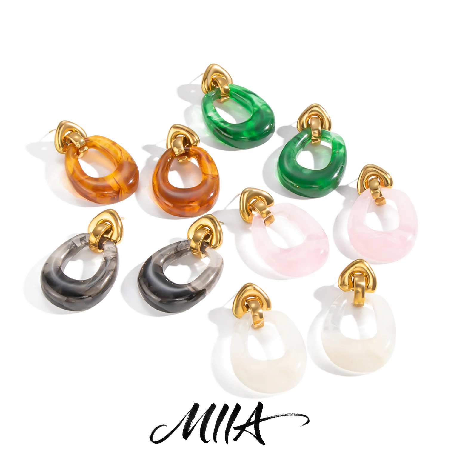 Miia Fashion Daily Style Geometrische Tropfenohrringe aus Harz und Acryl für Damen, 18 Karat goldfarben, Edelstahl, wasserfester Schmuck