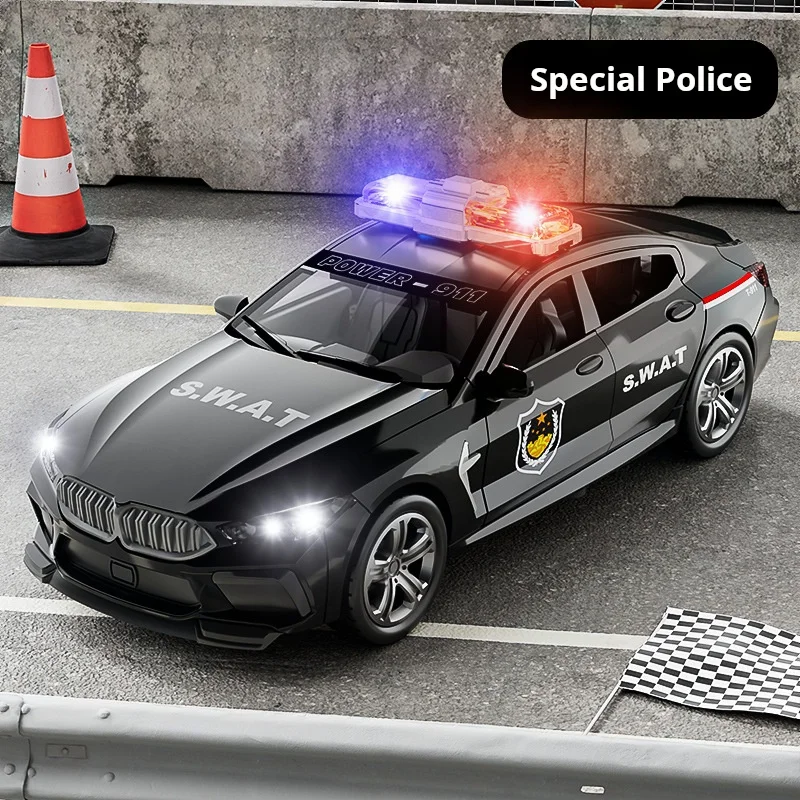 1:32 M Police Car Model Toy Metal Diecast Pull Back 110 Simulation Vehicle Models Doors Opened Boys Collection Gifts