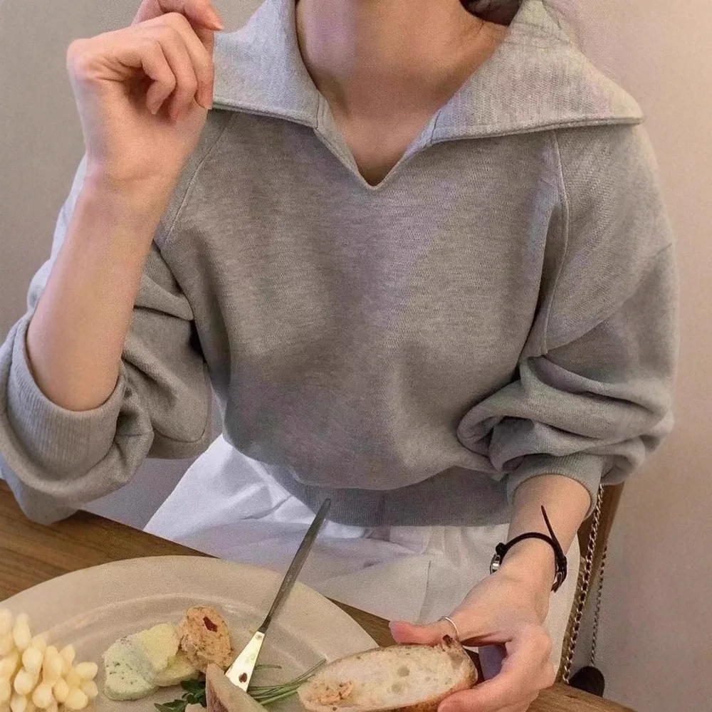 

Korean Fashion Hoodies Women Casual Loose Solid Lapel Long Sleeve Sweatshirt 2025 Autumn New Chic Simple Female Tops