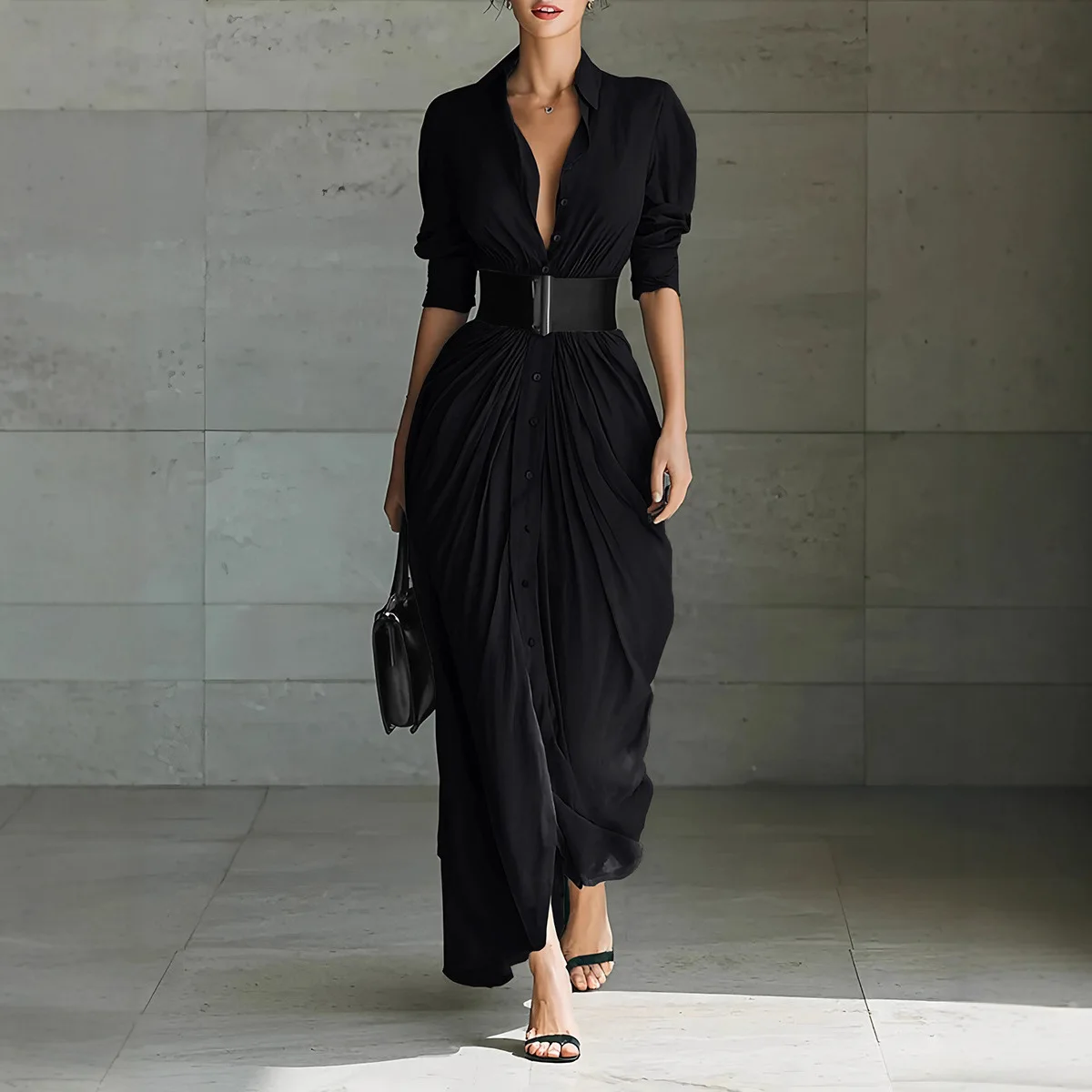 فستان قميص ذو طية صدر السترة على الموضة الأوروبية والأمريكية الجديدة للربيع والخريف بما في ذلك الحزام #3