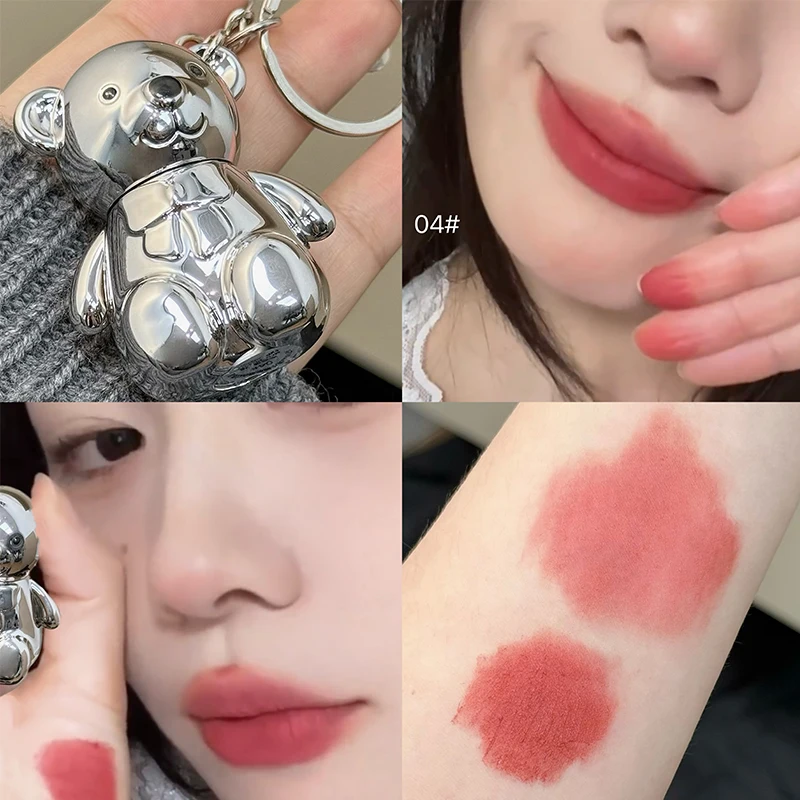Art Value Samt-Matter Lippenstift im Schlüsselanhänger-Design, Niedlicher Bären-Flüssiglippenstift, Samtiger Sexy Roter Lipgloss, Langanhaltender Lippentint, Make-up