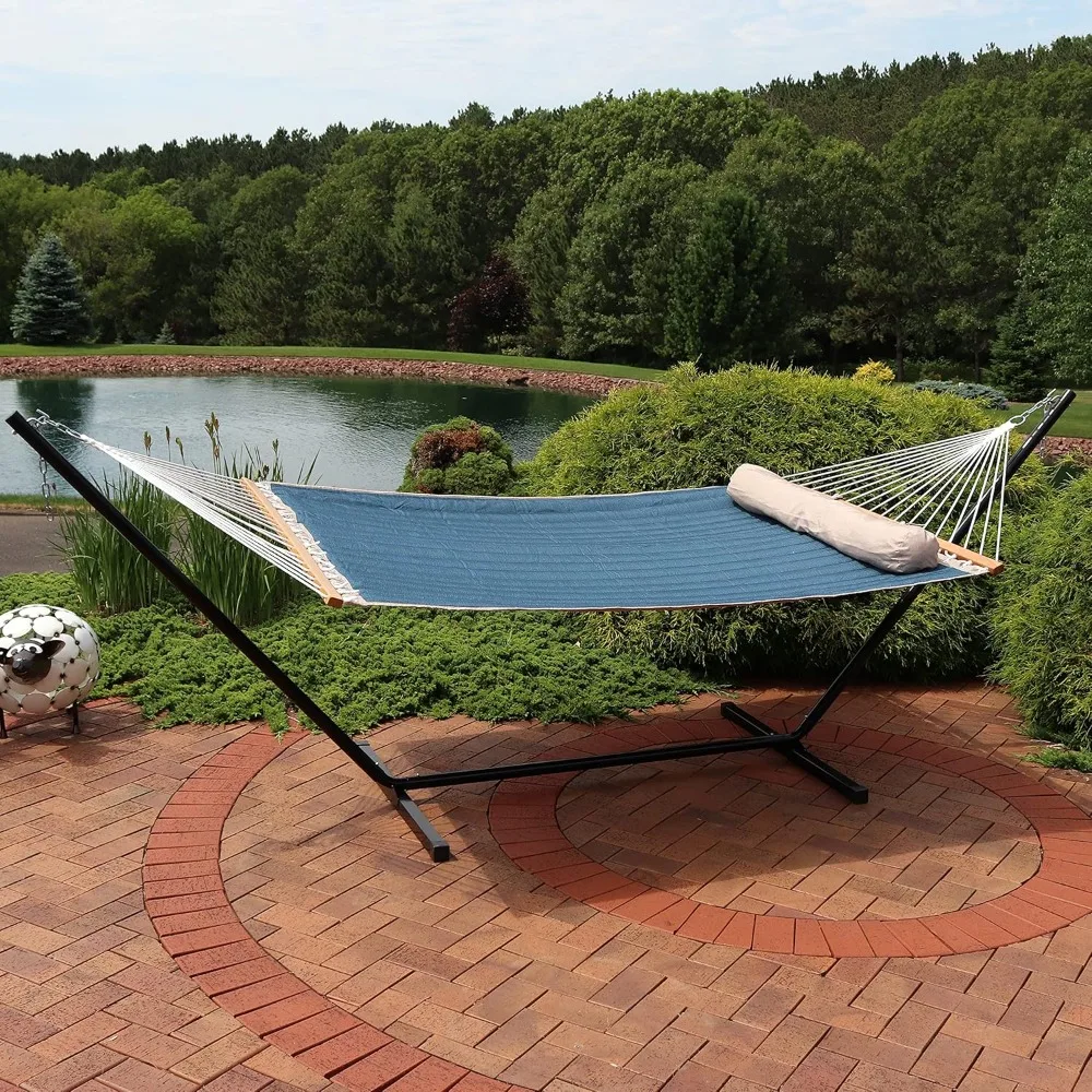 Double Quilted Fabric Hammock with Stand and Pillow - 350 Pound Capacity - Black Stand - Tidal Wave spreader bars