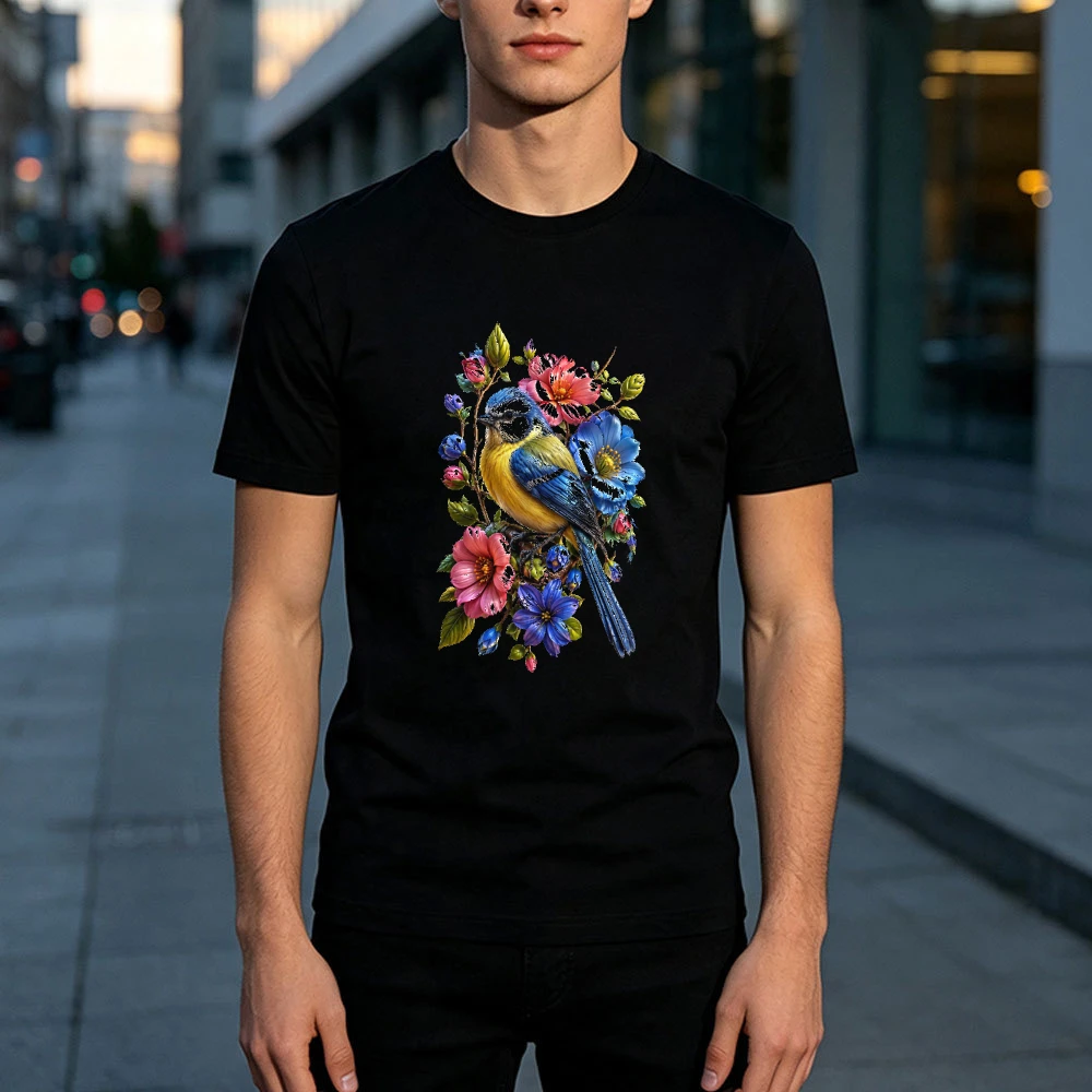 Elegant Blue Tit Bird Resting On Branches With Pink Blue Hibiscus Flowers Male White T Shirt Detailed Botanical Illustration Tee