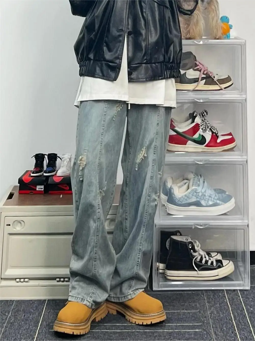 

American High Street Vibe Summer Vintage Waed Ripped Dstring Jeans Men Loose Straight Leg Long Trousers Trendy Youth Jeans