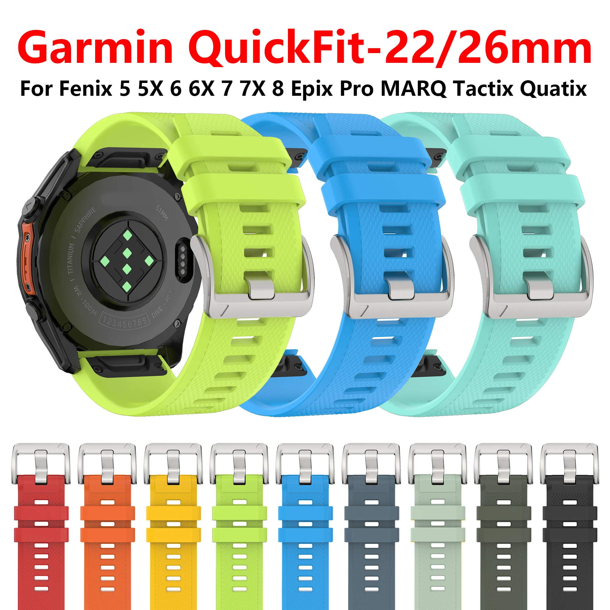 22mm 26mm QuickFit Silikon-Sportarmband für Garmin Fenix 8 7X 6X Pro 5X Plus Epix Gen2 Enduro 3 Tactix 7 Delta Bravo Armband Correa