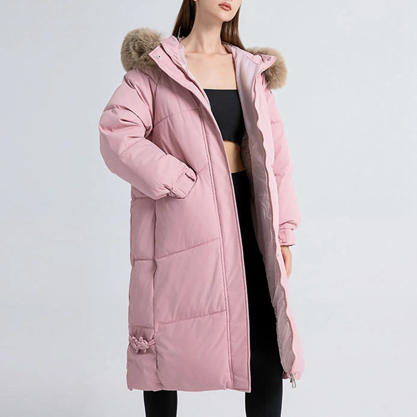 2024 Winter Women Jacket Long Sleeve Zip Up Drawstring Down Coats Long Parkas Fur Collar Hooded Warm Overcoat With Pockets