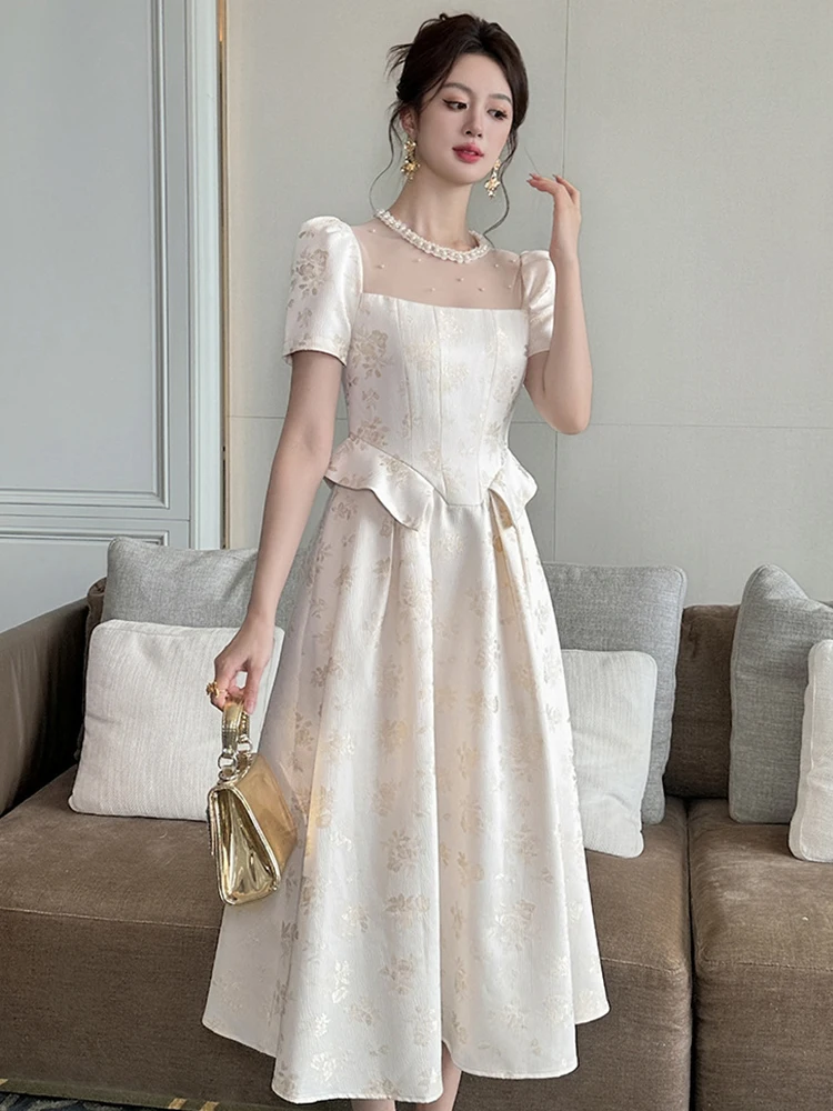 Women's French Luxury Noble Long Dress for Woman Sweet Sheer Mesh Splice Pearl Swing Robe Pockets Prom Party Vestidos Banquet