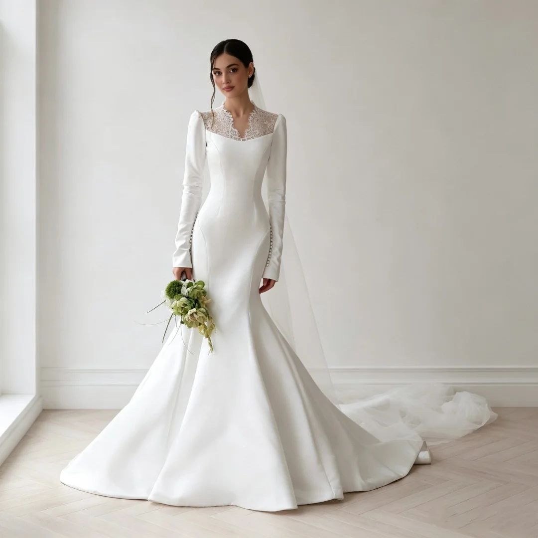 Custom Lace V Neck Long Sleeve Satin Mermaid Wedding Dress 2026 Fitted Body Cathedral Train Simple Elegant Bridal Gown
