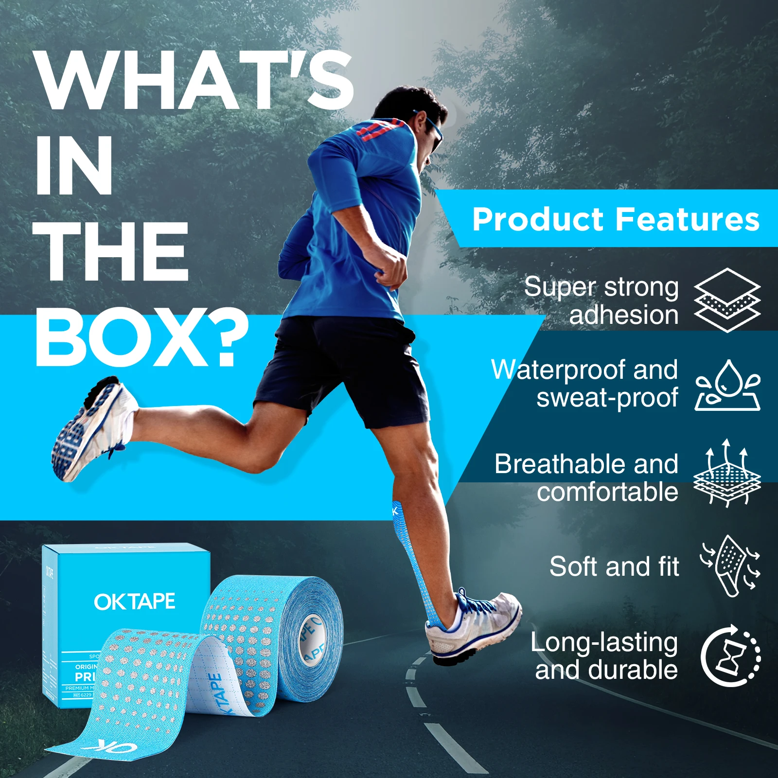 OK TAPE Synthetic Kinesiology Tape Prime, Beige Blue 5cm x 5m, Breathable Sports Athletic Tape for Joint & Muscle Pain