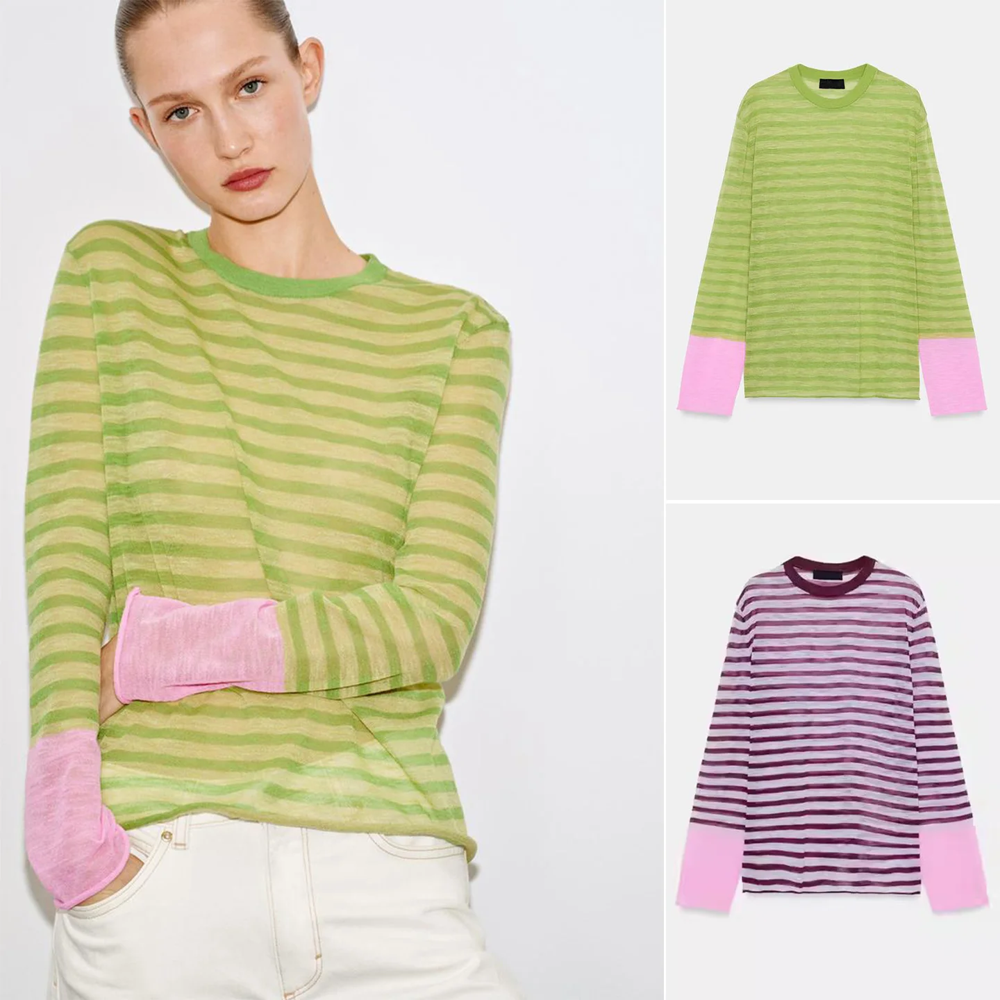 

Spring New Arrival Women's Loose Fit round Neck Long Sleeve Striped Knitwear Casual Style Polyester Fiber Full Sleeve T-Shirt