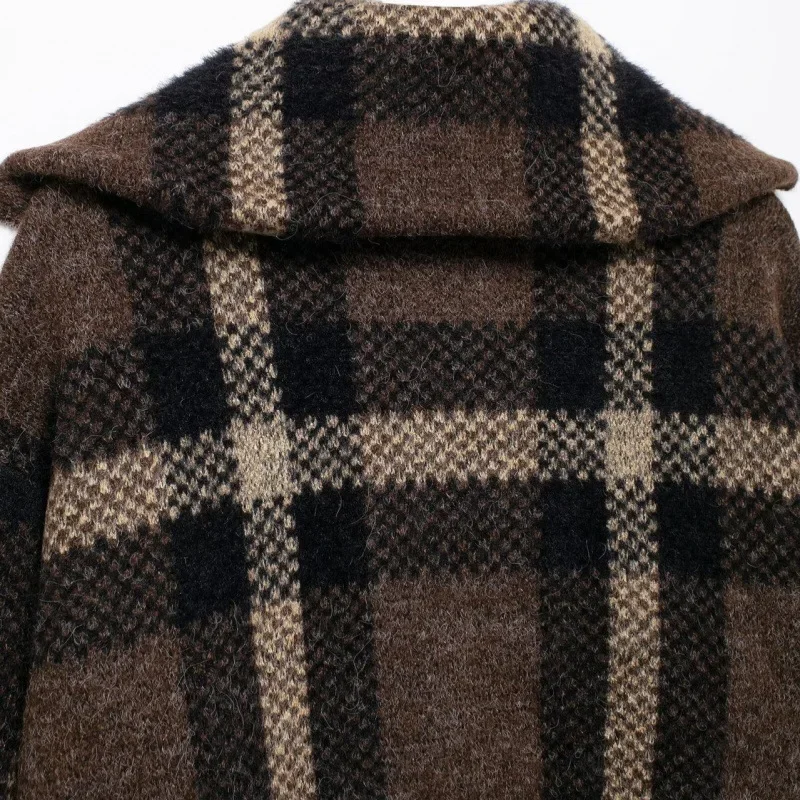 

Women's Autumn Outerwear Turn-down Collar Full Sleeve Polyester Fiber Cross-Border Clothing Fashionable Knitted Plaid Jacket