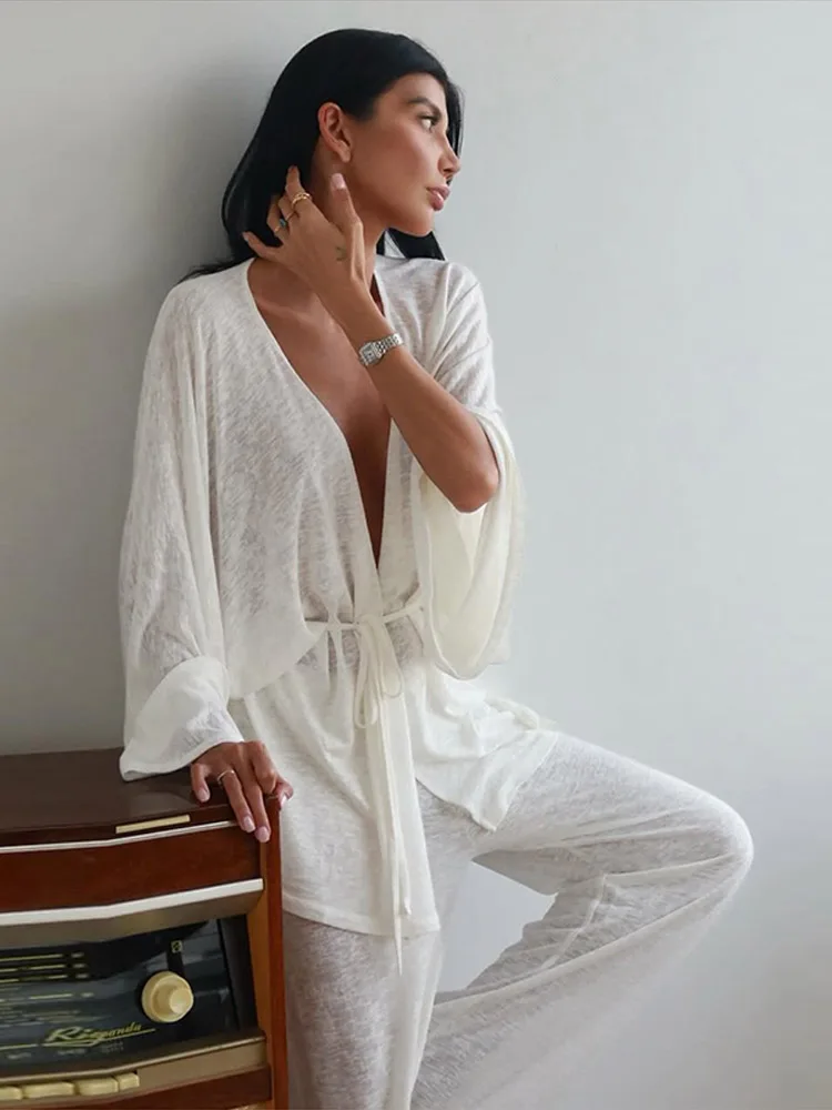 Loose Women's Lace Up Full Sleeve Long Pants Set Casual Female Open Top Wide Leg Pant 2026 Spring Summer Lady Solid Color Suit view 6