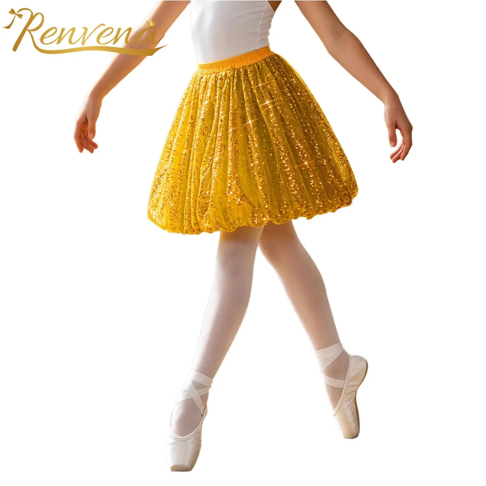 Kids Girls Ballet Tutu Child Princess Skirt for Jazz Dance Stage Performance Christmas Costume Sparkling Sequin Bubble Skirt
