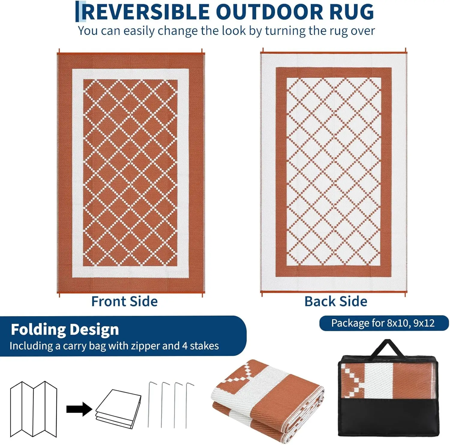 Outdoor Patio Rug Waterproof Reversible Plastic Straw Mat with 4 Stakes and Storage Bag, Modern Geometric Area Rug for Camping Porch Deck RV Backyard Beach