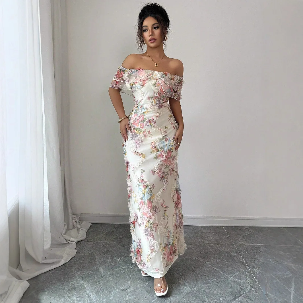 

New Sweet Fresh Flower Print Slim Long Dresses Women's Mesh Ruffles Patchwork Off Shoulder Bodycon Dress Fashion Grace Vestidos