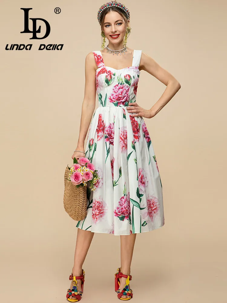 

LD LINDA DELLA Designer Summer Sleeveless Midi Dress Women Spaghetti Strap Vintage Flower Print Party Cotton Midi Dresses