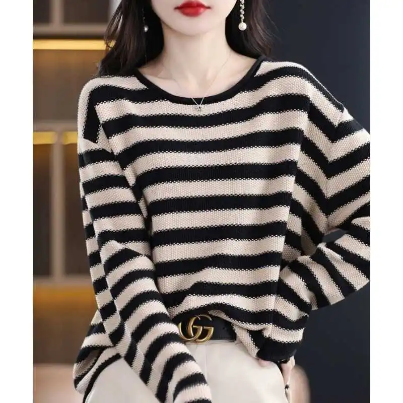 Autumn Winter New Fashion Round Neck Long Sleeve Striped Pullovers Women\'s Clothing Loose All-match Korean Sweaters Chic Tops