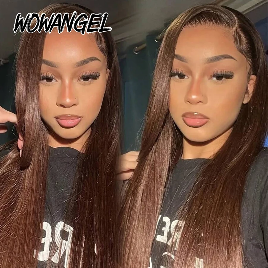 34 Zoll gerade schokoladenbraune Echthaarperücken 13x6 HD Full Lace Frontal Perücke 250% vorgezupfte hautähnliche HD-Spitzenperücke für Frauen – Detail 4