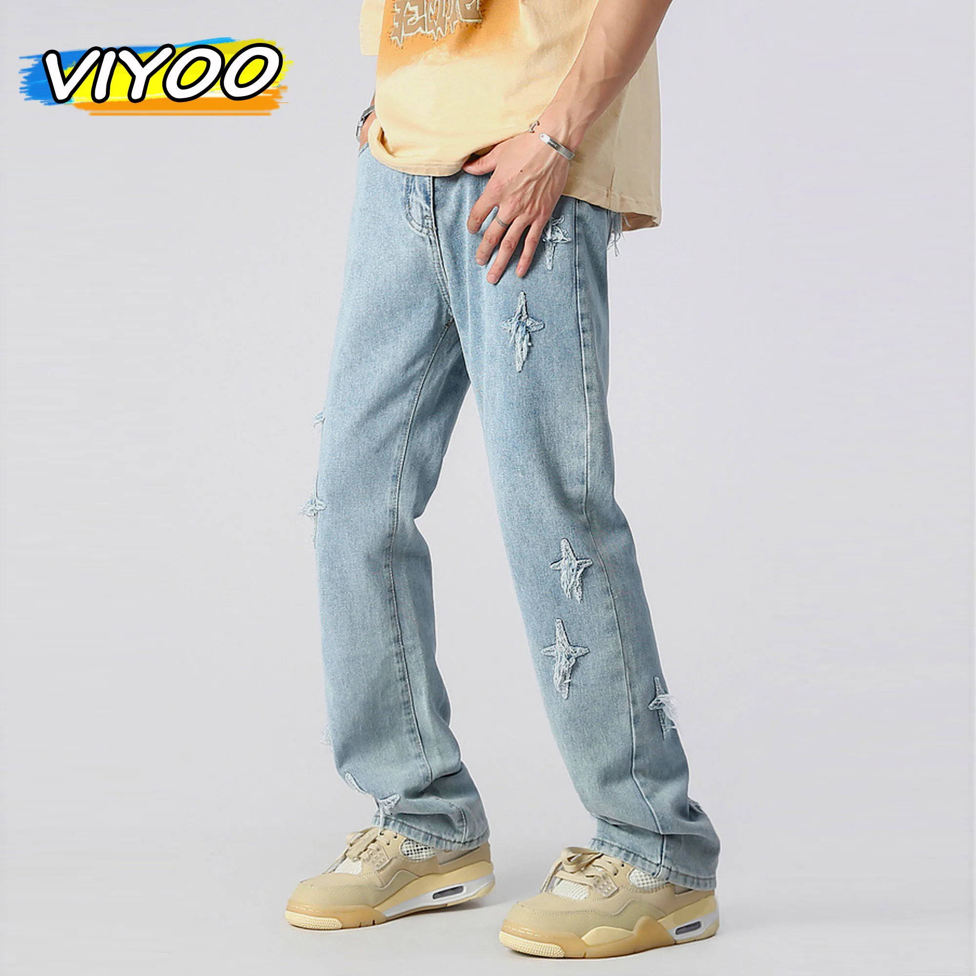 80% Cotton Men's Y2K Star Crosses Vinatge Baggy Jeans Denim Casual Flared Pants Sweatpants Trousers For Men American Style 2023