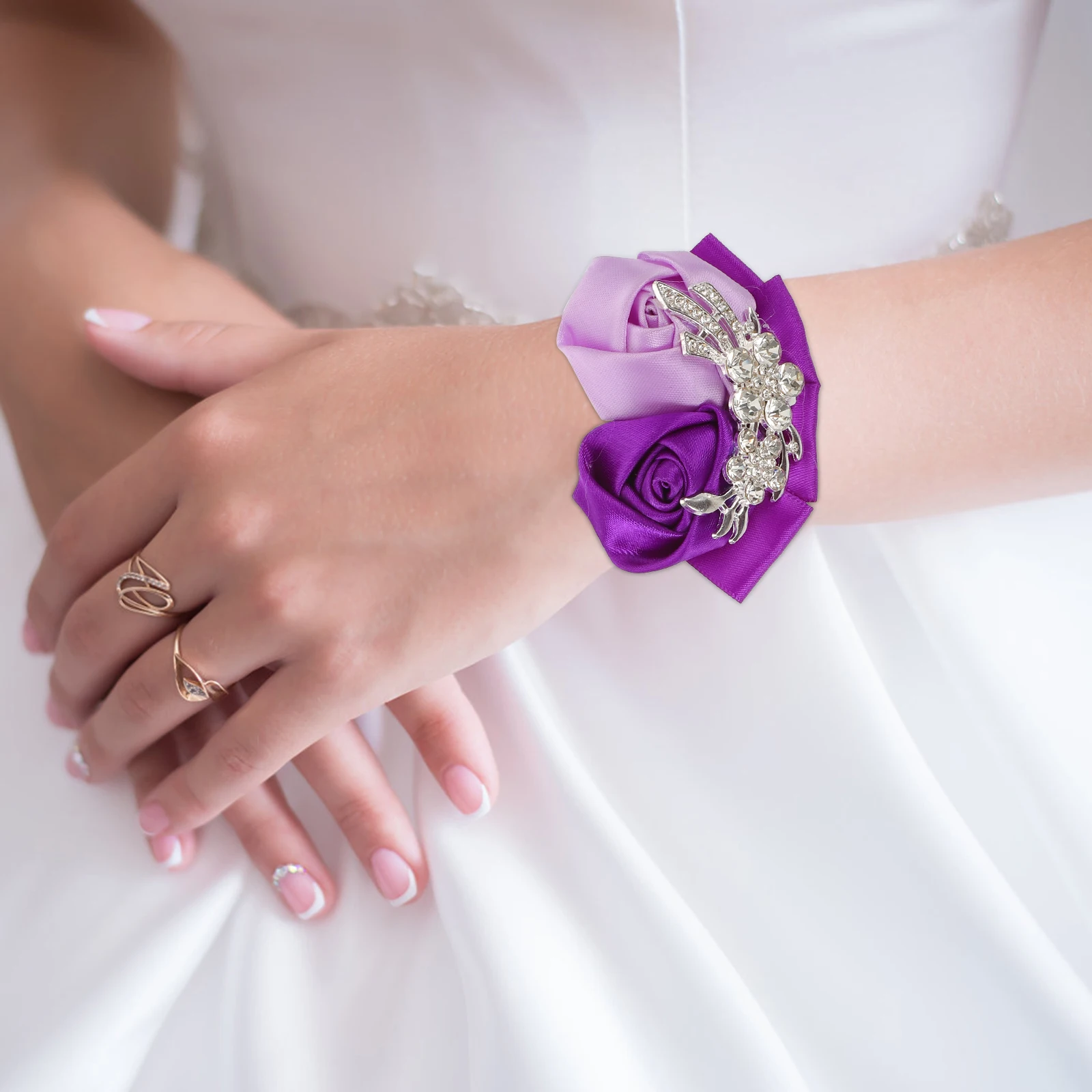

Wedding Corsage Suit Fake Hand Flower Bracelet Wrist Rhinestone Floral Leaf Bridesmaid Flowers
