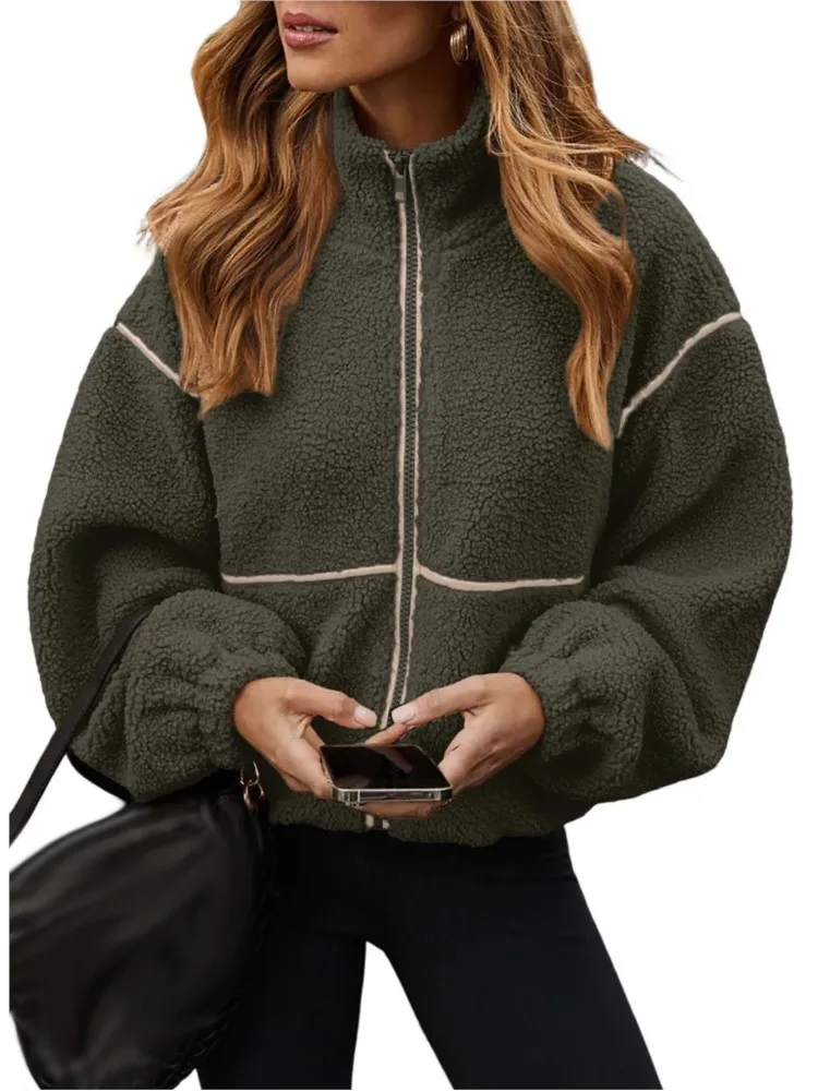 معطف سترة كاجوال مرقع للنساء موضة سادة بأكمام طويلة ورقبة ثابتة وسحاب معاطف علوية ملابس نسائية للعطلات ملابس الشارع الشهير #3