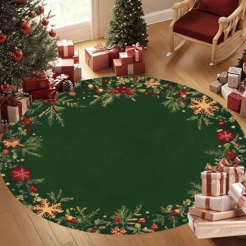 Green Wreath Border Christmas Round Carpet Dark Green Center Golden Snowflake Pine Cone Berry Garland Trim Holiday Round Rug