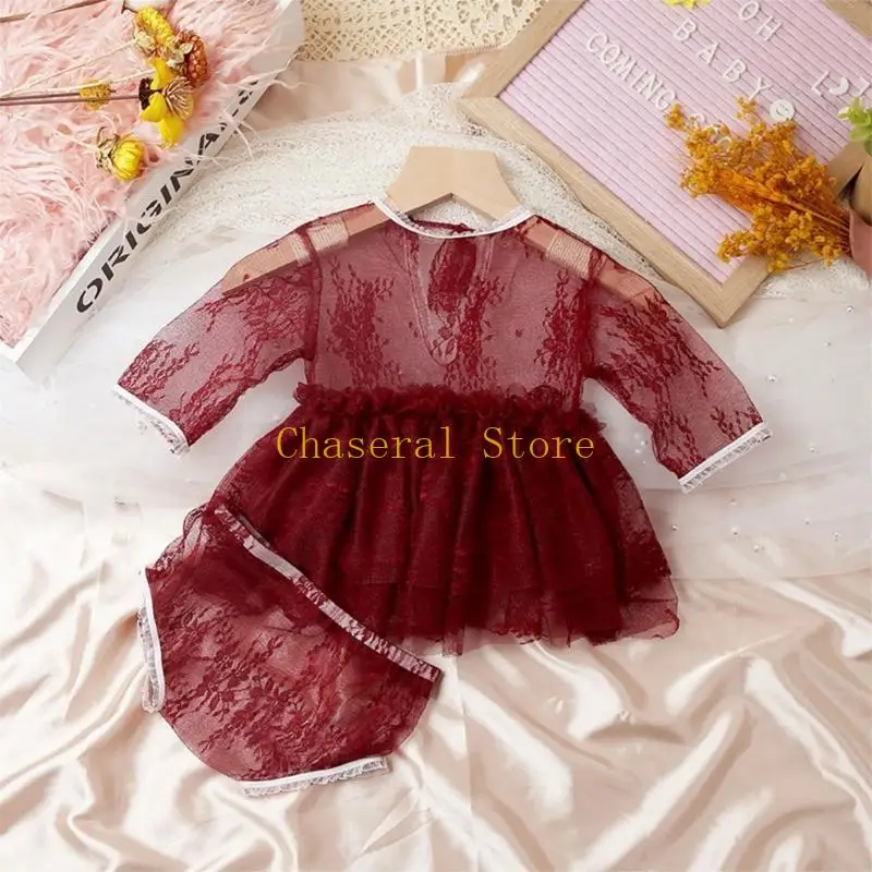 E7CE Newborn Photo Props Outfit Long Sleeve Lace Dress & Panties Baby Photo Props Photo Posing Accessories Shower Party Props