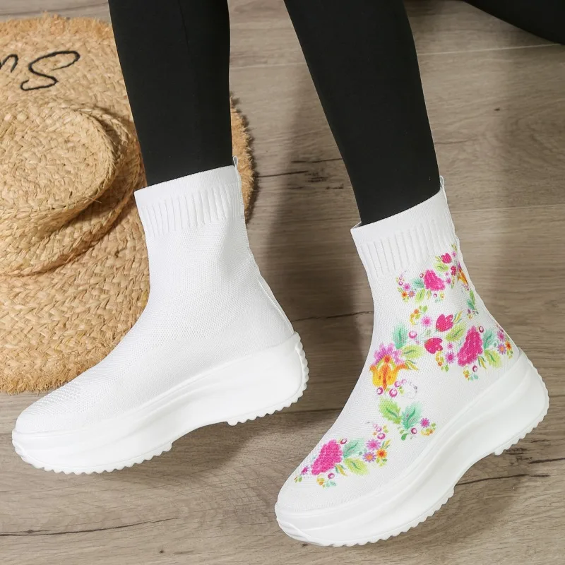 Ladies Shoes 2023 Fashion Sleeve Women's Boots Autumn Round Toe Mixed Colors Shoes Ladies Short Barrel Platform Elastic Boots