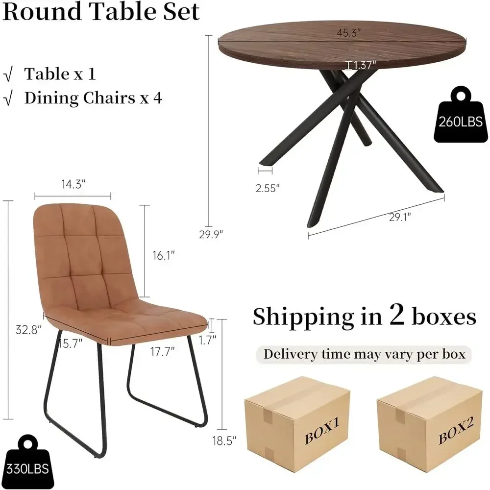 45.3 Inch Round Dining Table Set or 4, Century ern Small Coee Set or Dining Room Kitchen Aparent (k Walnut Table + 4 U-Shaped Br
