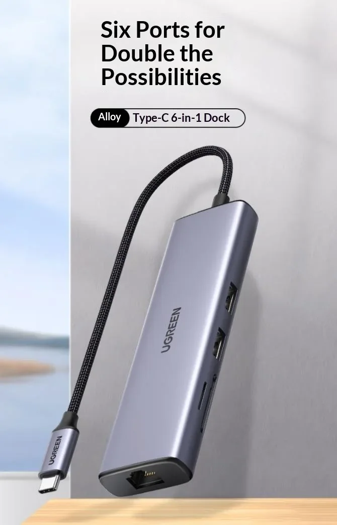 UGREEN 20954 USB-C Hub CM512 6-in-1 HDMI 4K60Hz 2 USB 3.0 5Gbps Gigabit Ethernet SD TF Card Reader Aluminum Housing