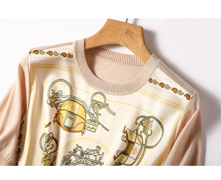 Fashion Women Clothing Splicing Ice Silk Knit Tops 2024 Runway Luxury European Design Party Style T-Shirts High Quality Female